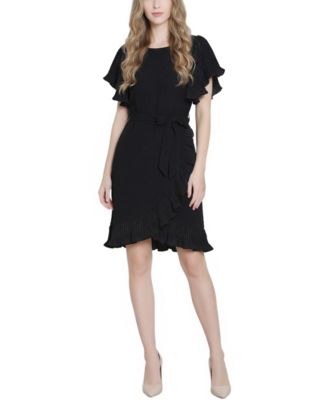 Petite Short-Sleeve Pleated Ruffle Dress