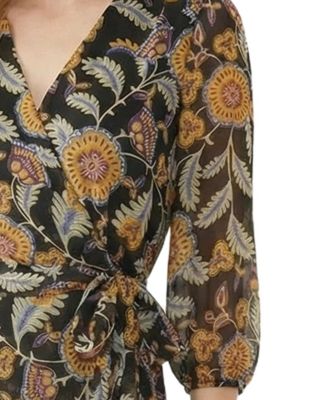 Petite 3/4-Sleeve V-Neck Belted Chiffon Dress