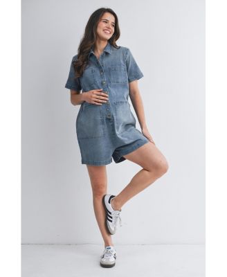 Maternity Nursing-Friendly Button Down Collared Short Sleeve Romper
