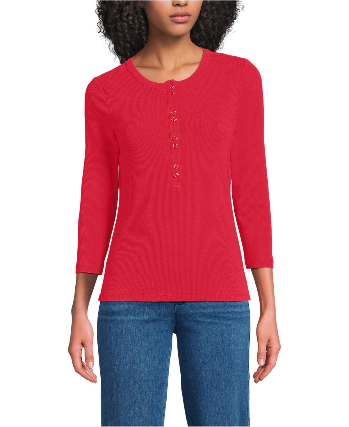 Lands' End Women's 3/4 Sleeve Polished Rib Henley Top