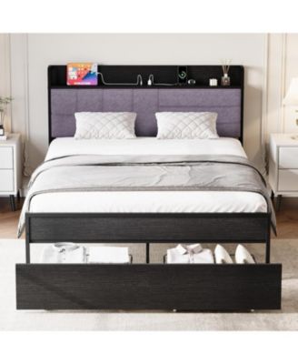 Full Bed Frame with Headboard, Black Platform Bed Frame with Storage, Heavy Duty Bed Frames with 2 Storage Drawers,Bedframe with Charging