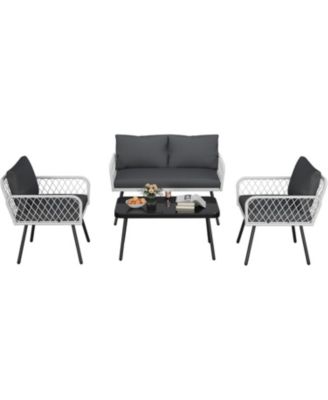 4-Piece Wicker Outdoor Furniture Set, Patio Sectional Sofa with Handmade Rattan and Metal Frame