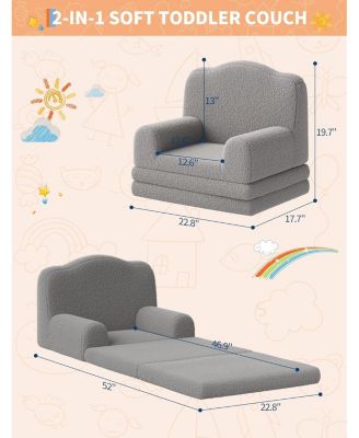 Kids Couch, 2-in-1 Convertible Teddy Fleece Fabric Toddler Sofa Chair, Soft Fold Out Couch Lounger for Kids, Comfy Children's Sofa