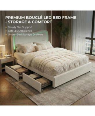 Queen Boucle Upholstered Bed with Storage Drawers, LED Headboard, No Box Spring