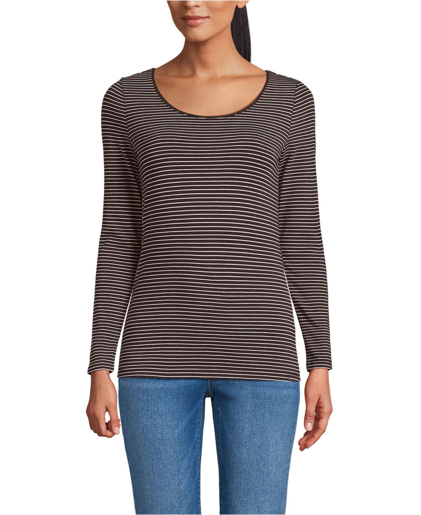 Женская футболка Lands' End Lightweight Jersey Skimming Long Sleeve Scoop Neck, цвет: Кофейный полосатый — фото 1