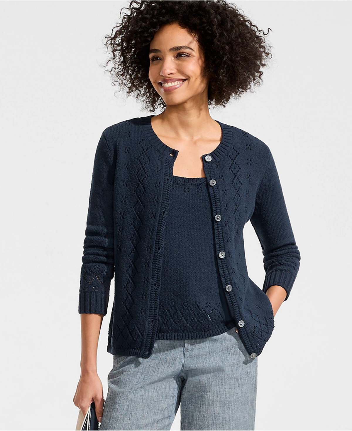 Lands' End Women's Pointelle Crew Neck Cardigan Sweater