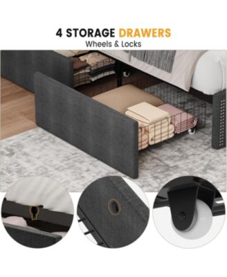 2Pcs Set Upholstered Queen Size Bed Frame with 4 Storage Drawers & Wingback Headboard, USB/Type-C Charging Station, Tufted Design