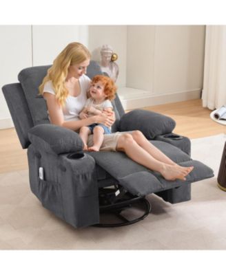 Recliner Chair Nursery, Oversized Manual Reclining Rocking Chair, 360 Swivel Glider with Cup Holder, Massage and Heat Recliner