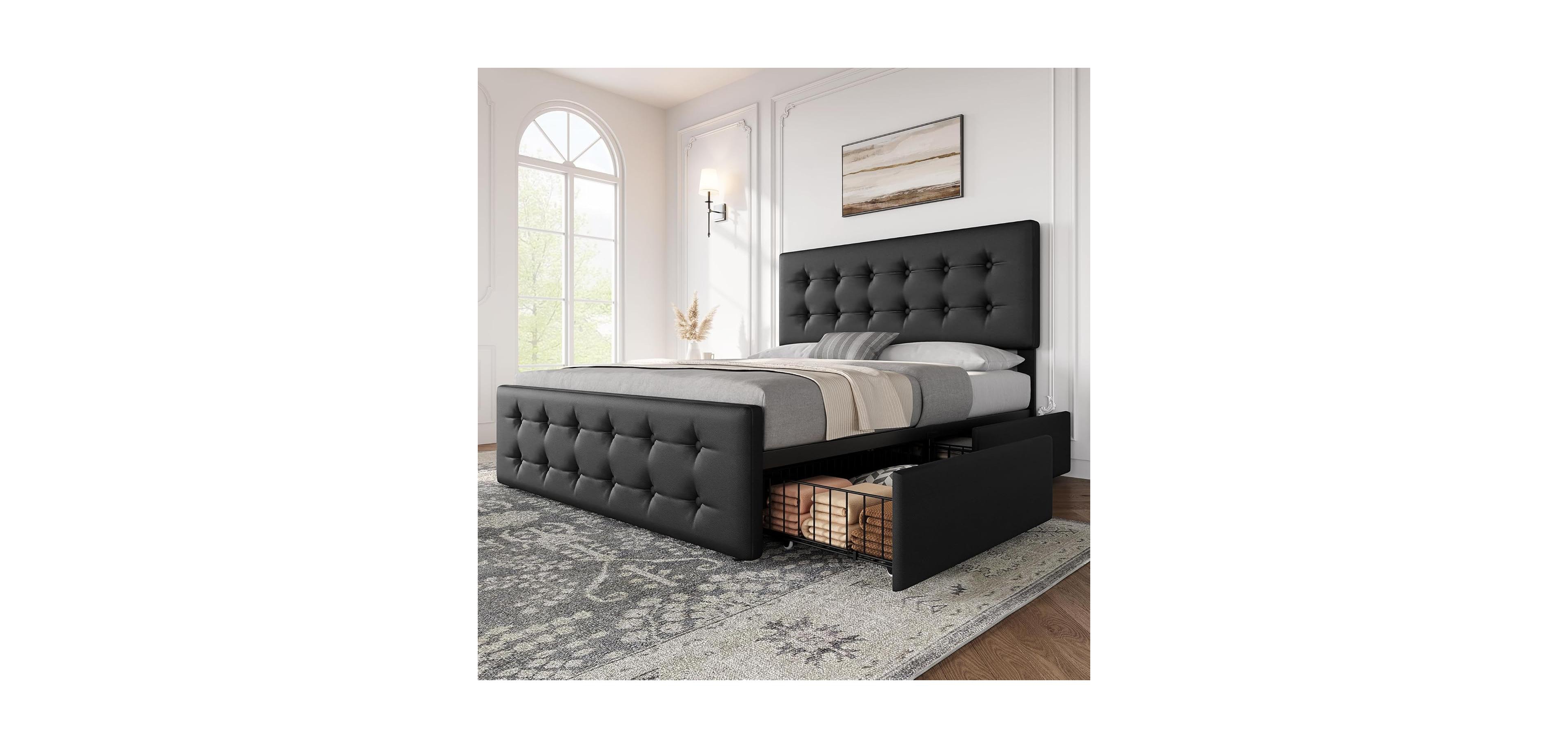 Gaomon Bed Frame with 4 Storage Drawers and Headboard, Faux Leather Upholstered Platform Bed Frame with Wooden Slats Support