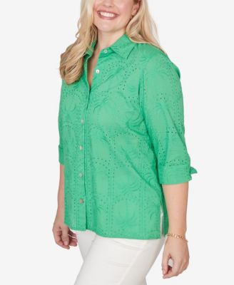 Women's Resort Living Eyelet Palm Tree Button-Front Top