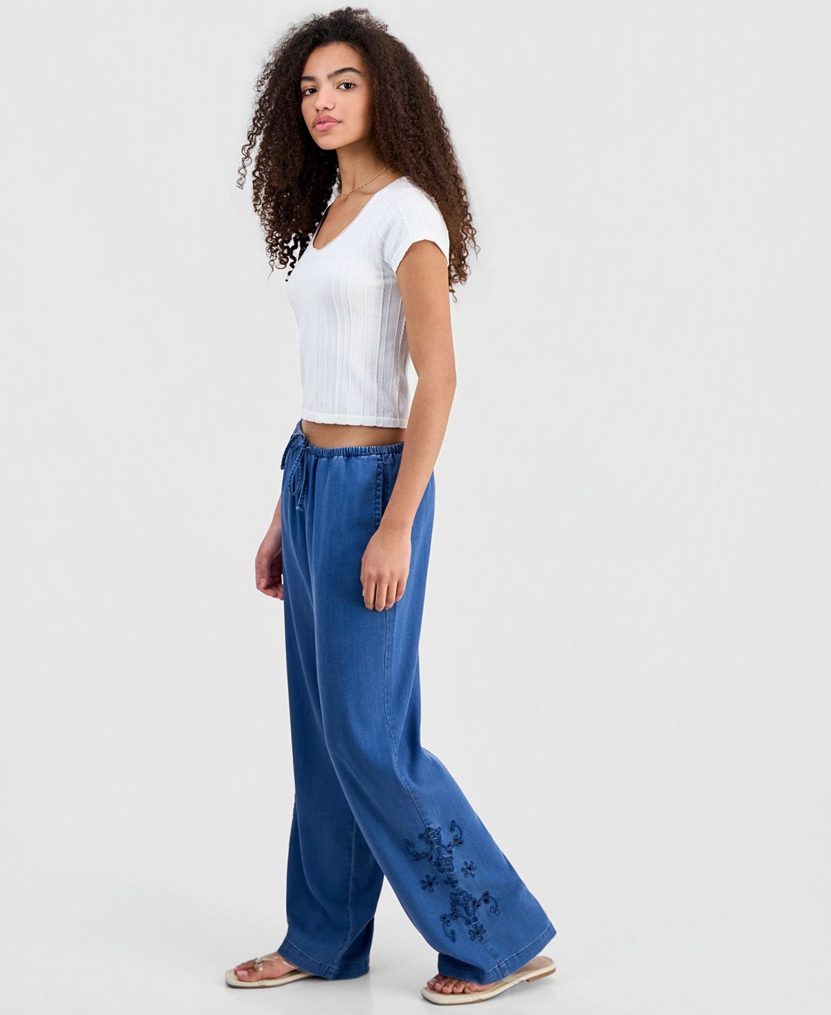 Indigo Rein Juniors' Chambray Eyelet-Hem Drawstring Pants view 4 — MAYCSS fashion products