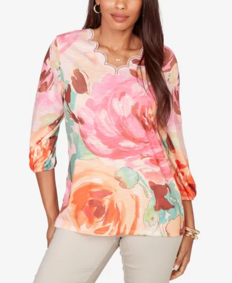 Petite Scalloped Neck Bold Floral Knit Top - Light Rose Multi