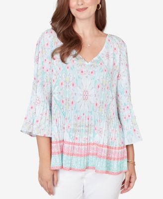 Petite Pleated Tapestry Print Bell Sleeve Top