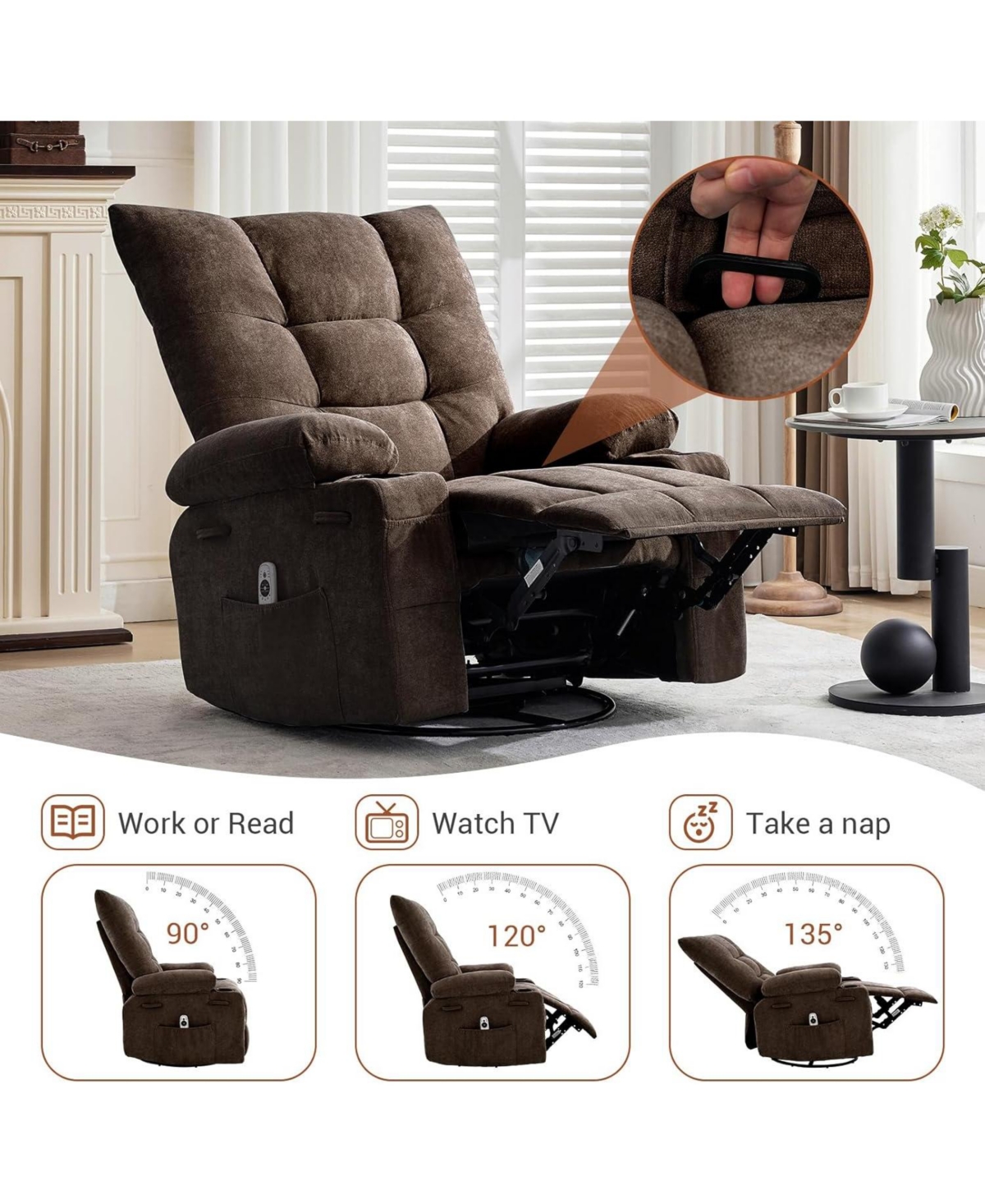 gaomon Swivel Recliner Chair with Massage & Heat for Elderly Adults,Oversized Ergonomic Lounge Single Sofa,360° Rotating Rocking Chair