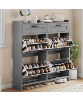 Shoe Cabinet with 4 Flip Drawers & 2 Top Drawers, Wooden Shoe Organizer Cabinet with Adjustable Shelf