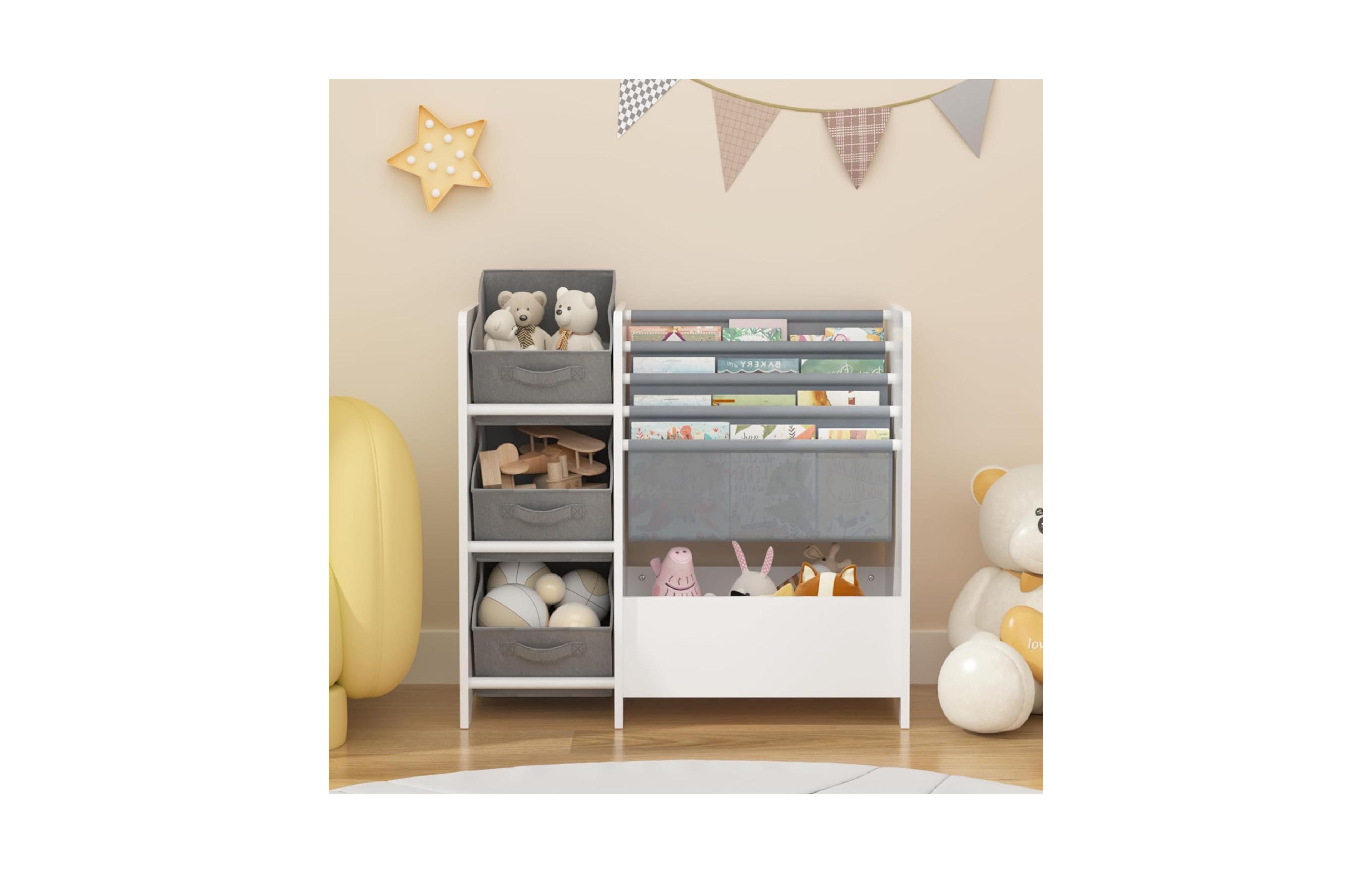 Rainsken Wooden Bookshelf, 4 Tier Kids Book Display Unit with 3 Collapsible Fabric Drawers, Toy Storage Organizer for Playroom and Nursery