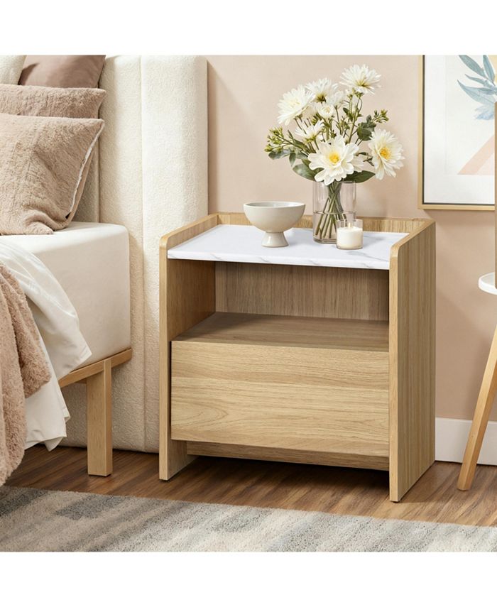 LuxenHome Hazel Oak Nightstand & End Table with Storage, Raised Sides, Faux Marble Top, Durable Manufactured Wood - Brown
