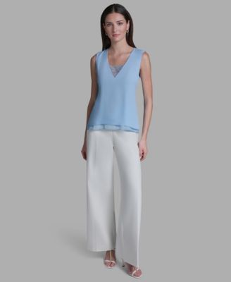 Women's V-Neck Lace Detail Pull-On Top