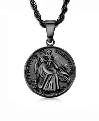 Men's Stainless Steel Black Plated St Christopher Coin Pendant