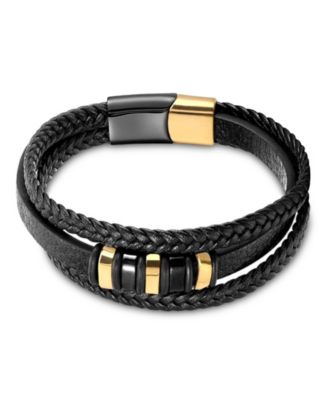 Men's Cuff Gold Plated Leather Bracelet in Stainless Steel