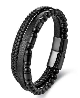 Men's Nero Leather & Stainless Steel Bracelet