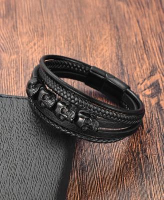 Men's Obsidian Skull Leather & Stainless Steel Bracelet
