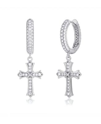Men's Iced Cross Hoop Earrings in Sterling Silver
