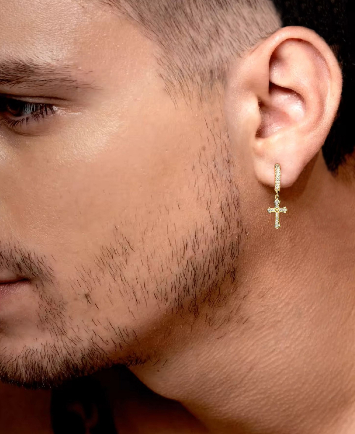 Rhona Sutton Men's Classic Iced Cross Hoop Earrings in 14k Gold