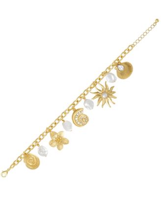 Gold-Tone Celestial Charm Bracelet with Imitation Pearls, Adjustable