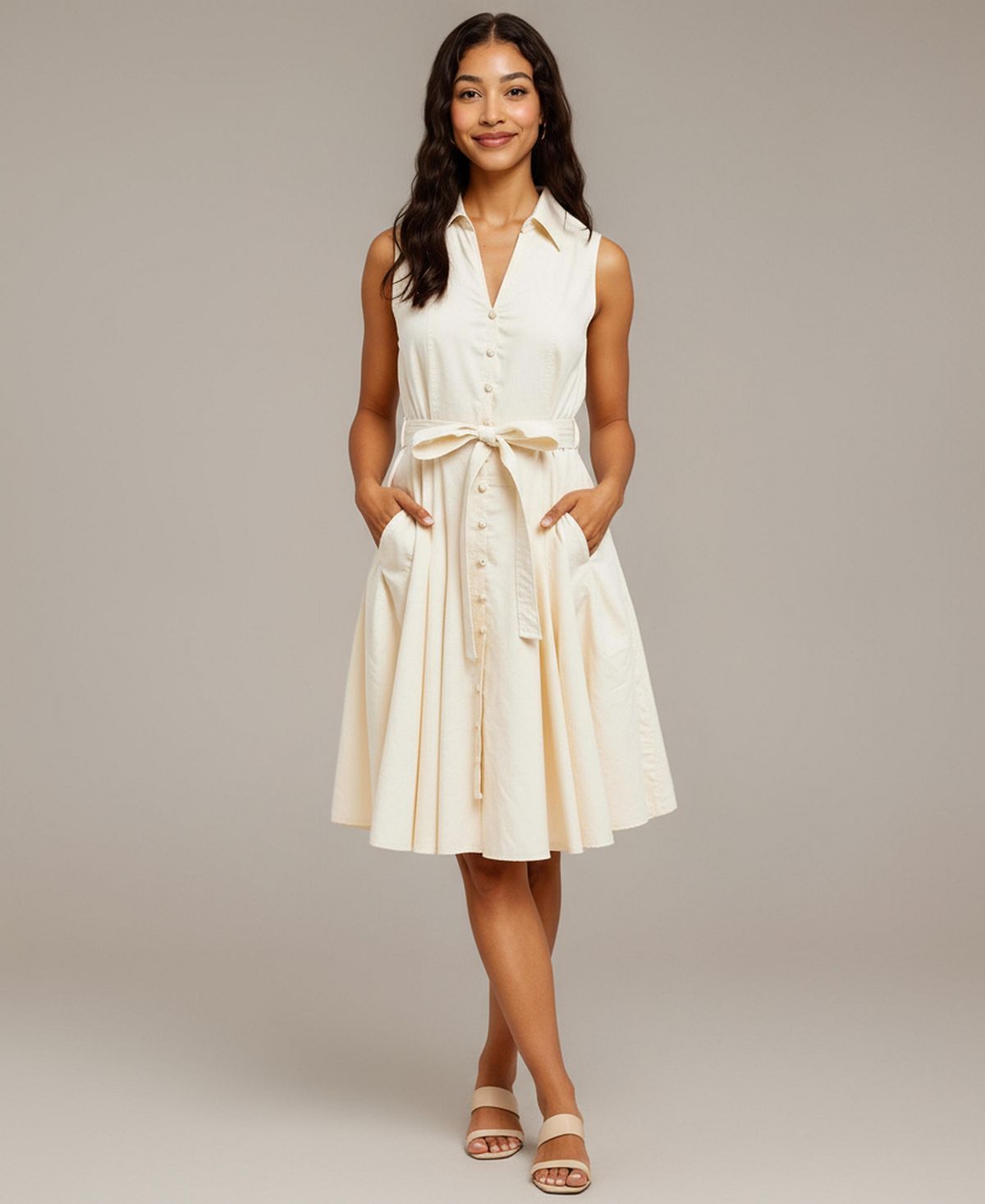 Modenaire Women's Sleeveless Button-Front Fit-and-Flare Dress view 1 — MAYCSS fashion products