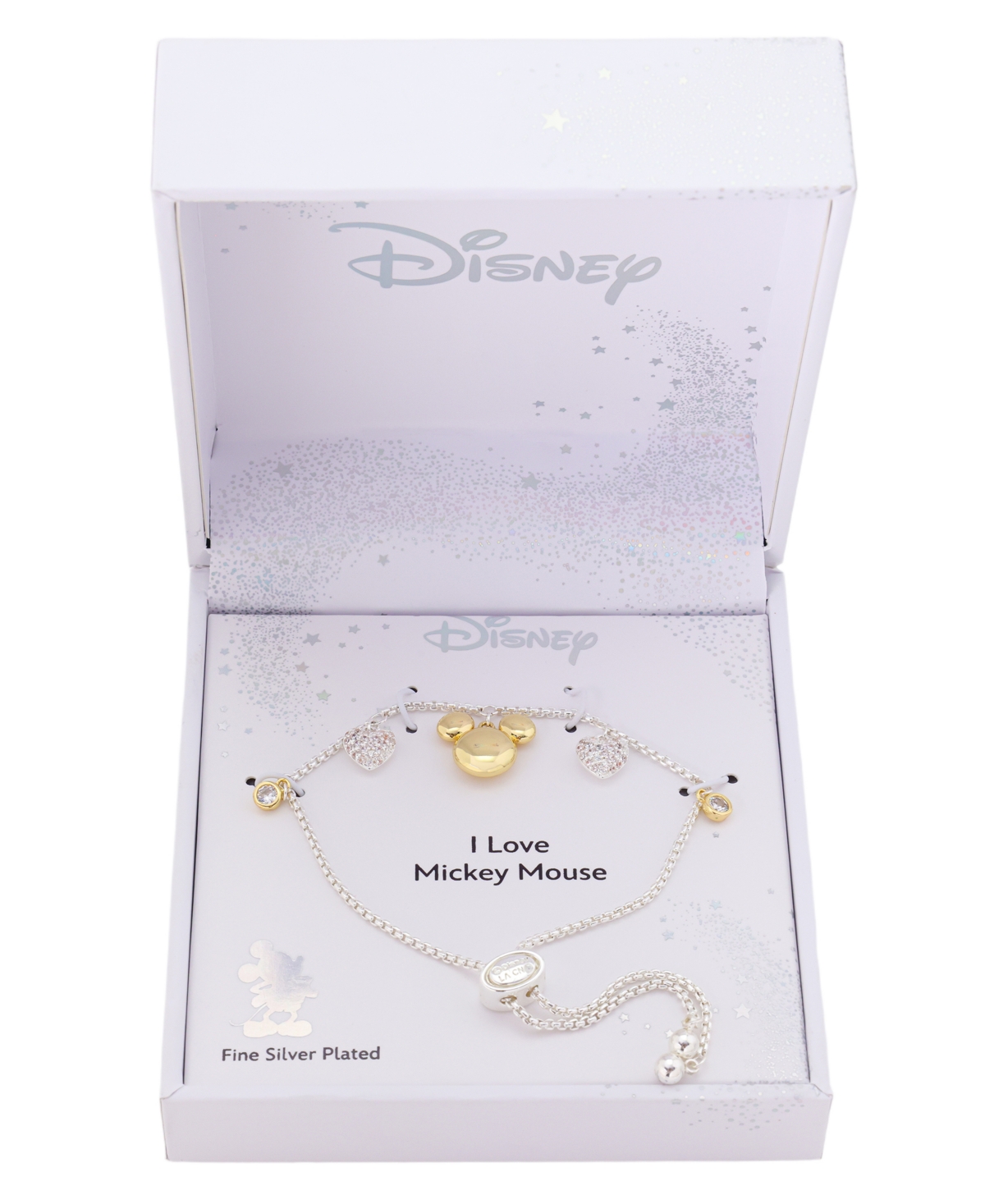 Disney Mickey Mouse Cubic Zirconia Mickey and Heart Charm Bolo Bracelet