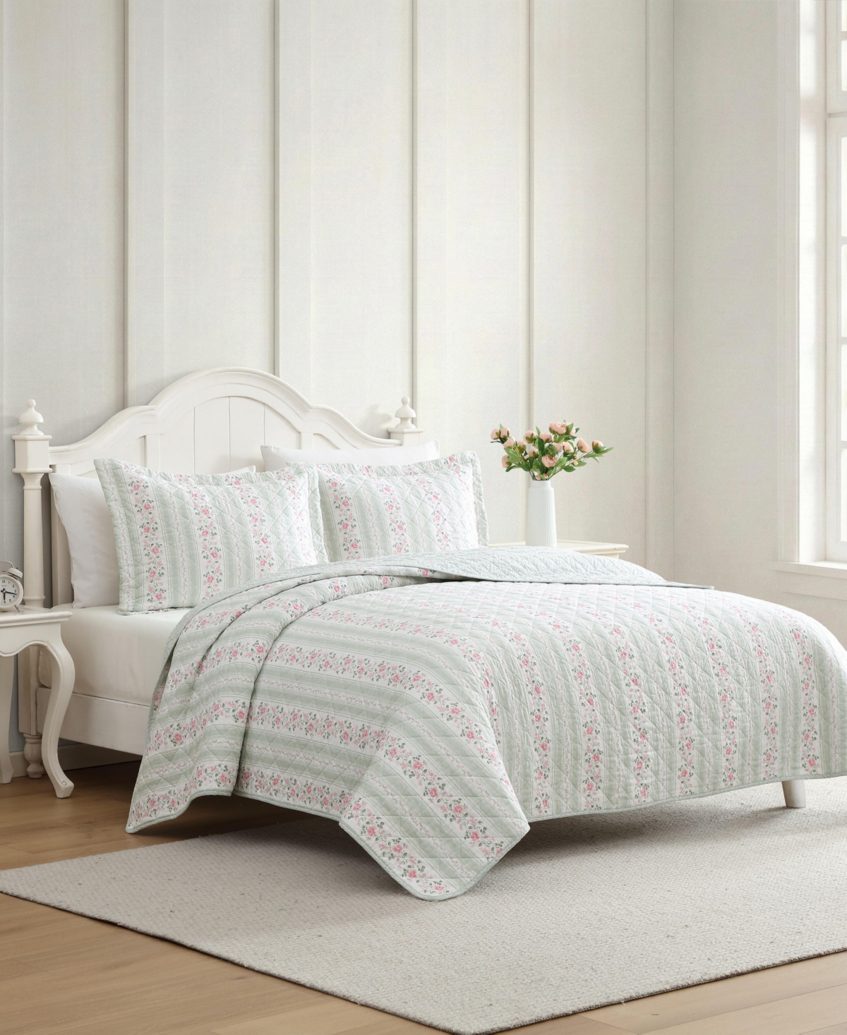Laura Ashley Rosebud Stripe Reversible 2-Pc. Quilt Set, Twin