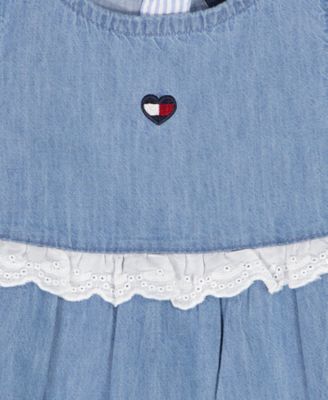 Baby Girls' Lace Trim Denim A-line Dress and Diaper Cover, 2-Piece Set