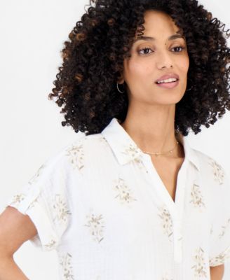 Petite Cotton Printed Collared Popover Top