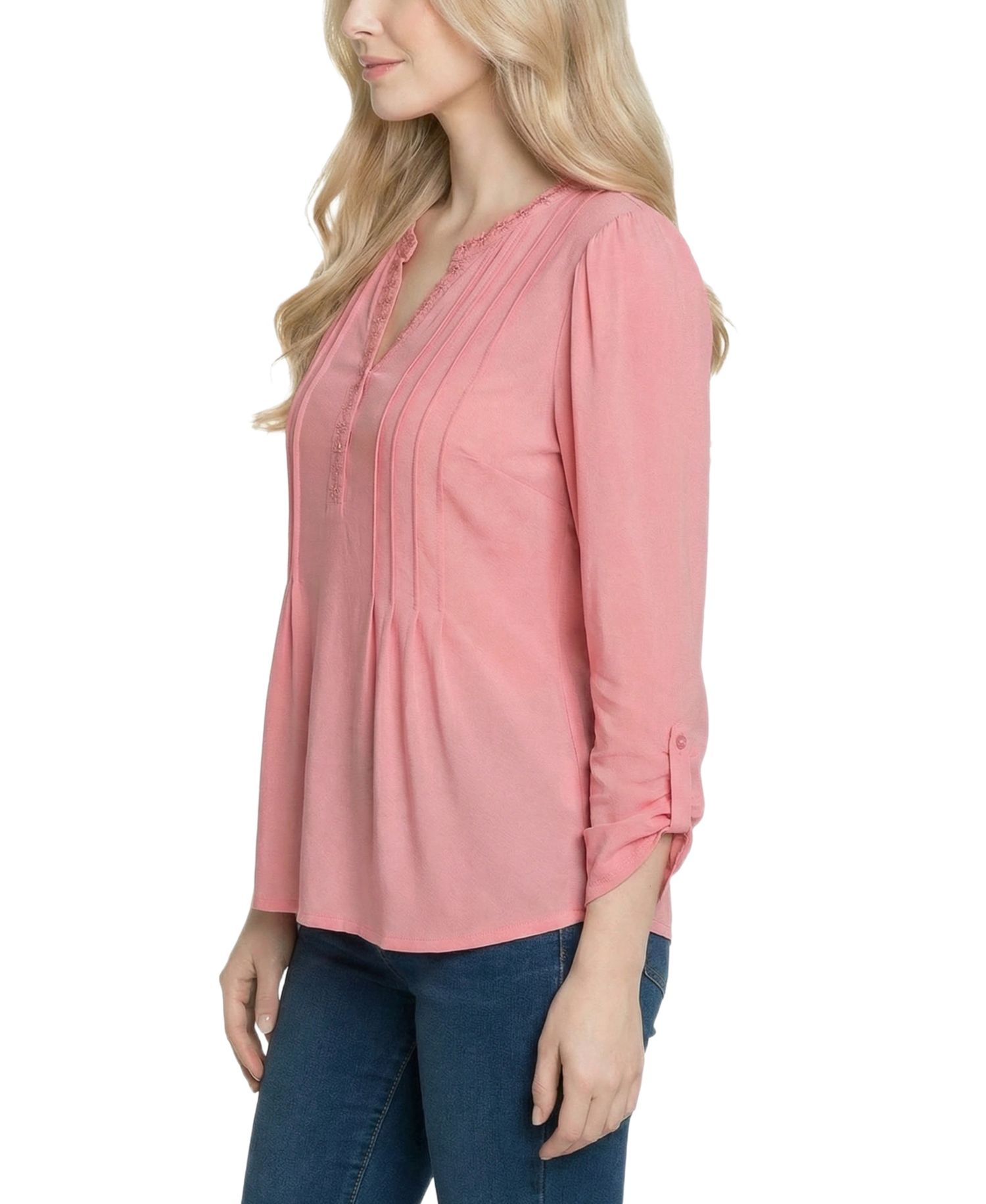 Petite Long-Sleeve Pleat Front Roll Tab Top