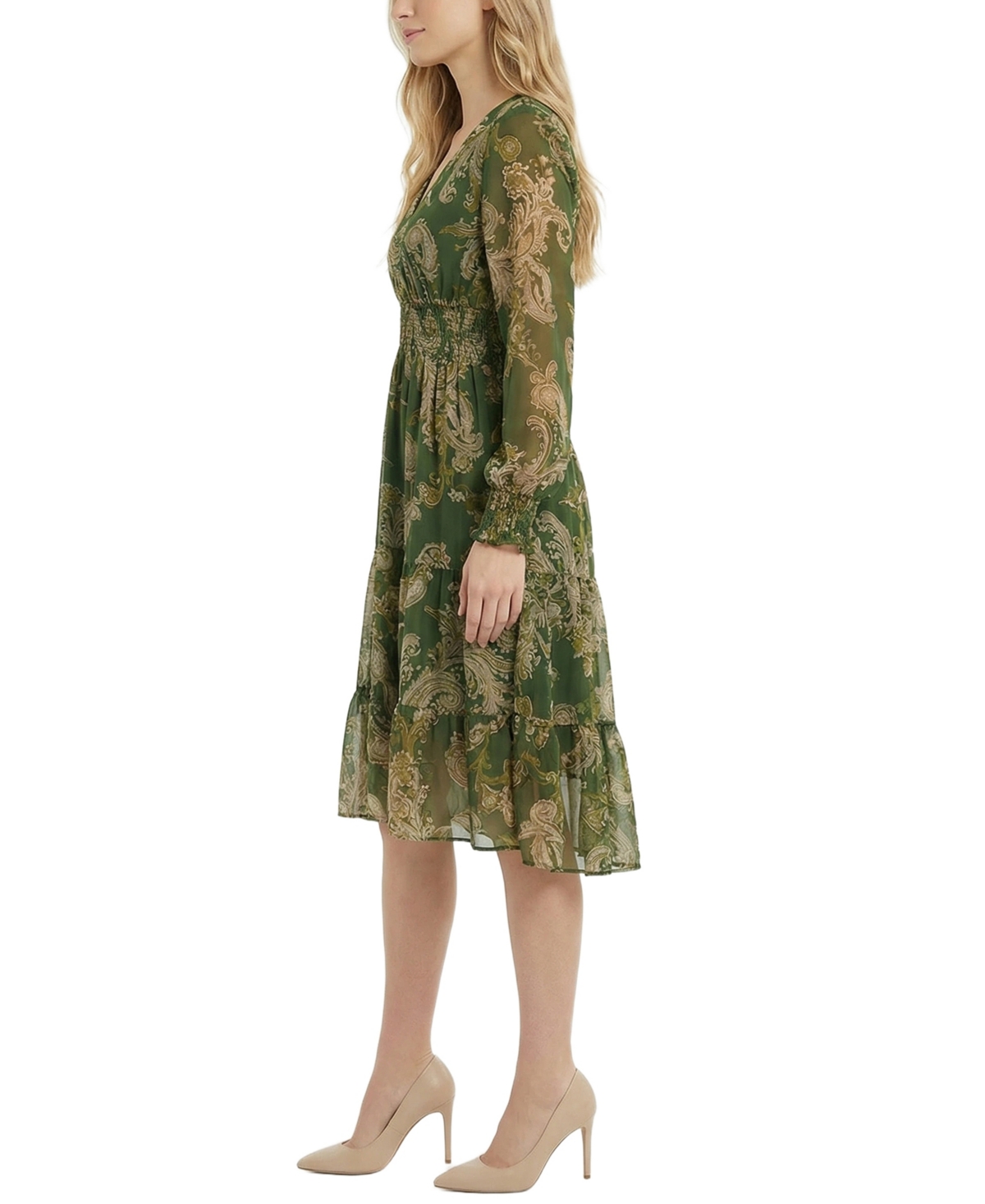 Ny Collection Women's Long-Sleeve Clip Dot Chiffon Dress with Smocked Waist and Cuffs