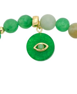 Green Agate, Amazonite and Dyed Quartz Evil Eye Charm Stretch Bracelet