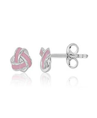 Pink Enamel Knot Stud Earrings in Rhodium Over Sterling Silver