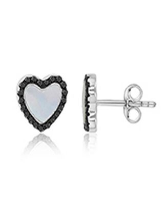 Black Spinel and Imitation Pearl Heart Stud Earrings in Black Rhodium Over Sterling Silver