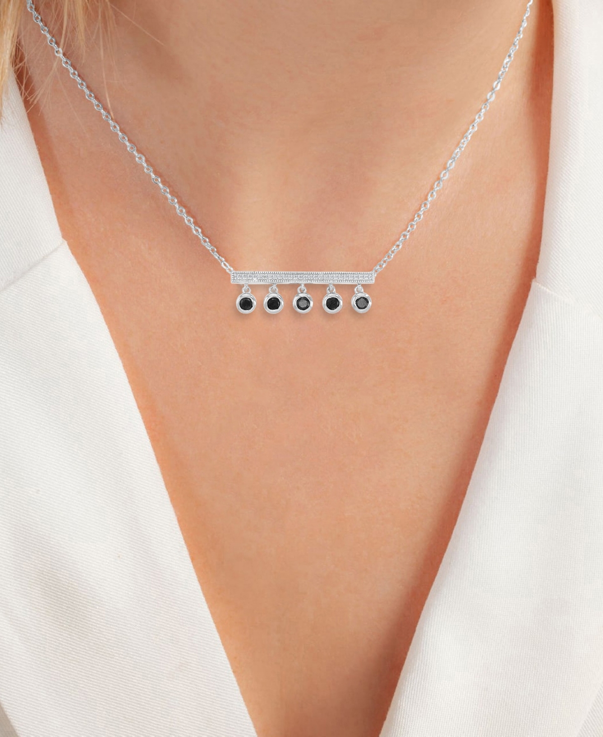 Macy's Created White Sapphire and Onyx Bezel Station Necklace in Rhodium Over Sterling Silver