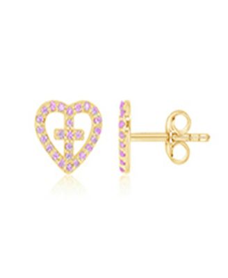 Pink Cubic Zirconia Heart and Cross Stud Earrings in 14k Yellow Gold Over Sterling Silver