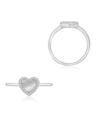 Cubic Zirconia and Imitation Pearl Heart Ring in Rhodium Over Sterling Silver