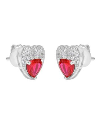 Created White Sapphire and Ruby Paved Heart Stud Earrings in Rhodium Over Sterling Silver