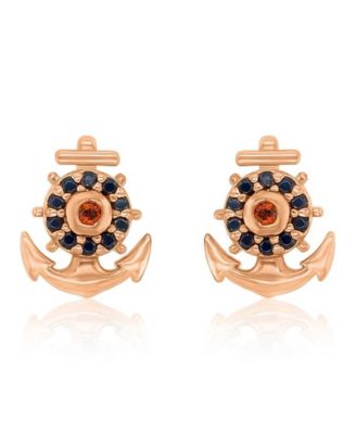Onyx and Garnet Anchor Stud Earrings in 14k Rose Gold Over Sterling Silver