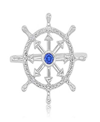 Diamond Accent & Created Blue Sapphire Rudder Ring in Rhodium Over Sterling Silver