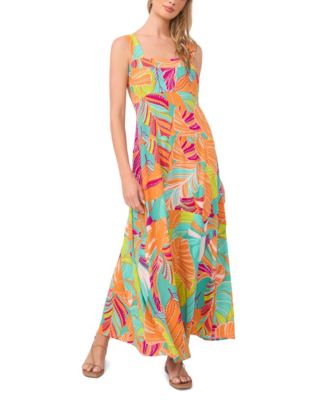 Women's Printed Square-Neck Smocked-Back Sleeveless Maxi Dress