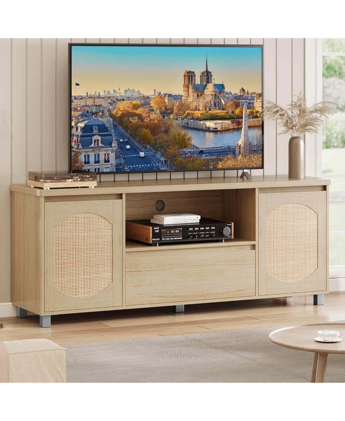 gaomon 63" Rattan Tv Stand for TVs up to 70", Modern Entertainment Center with Storage Drawer & Open Shelves Media Cabinet - rattan