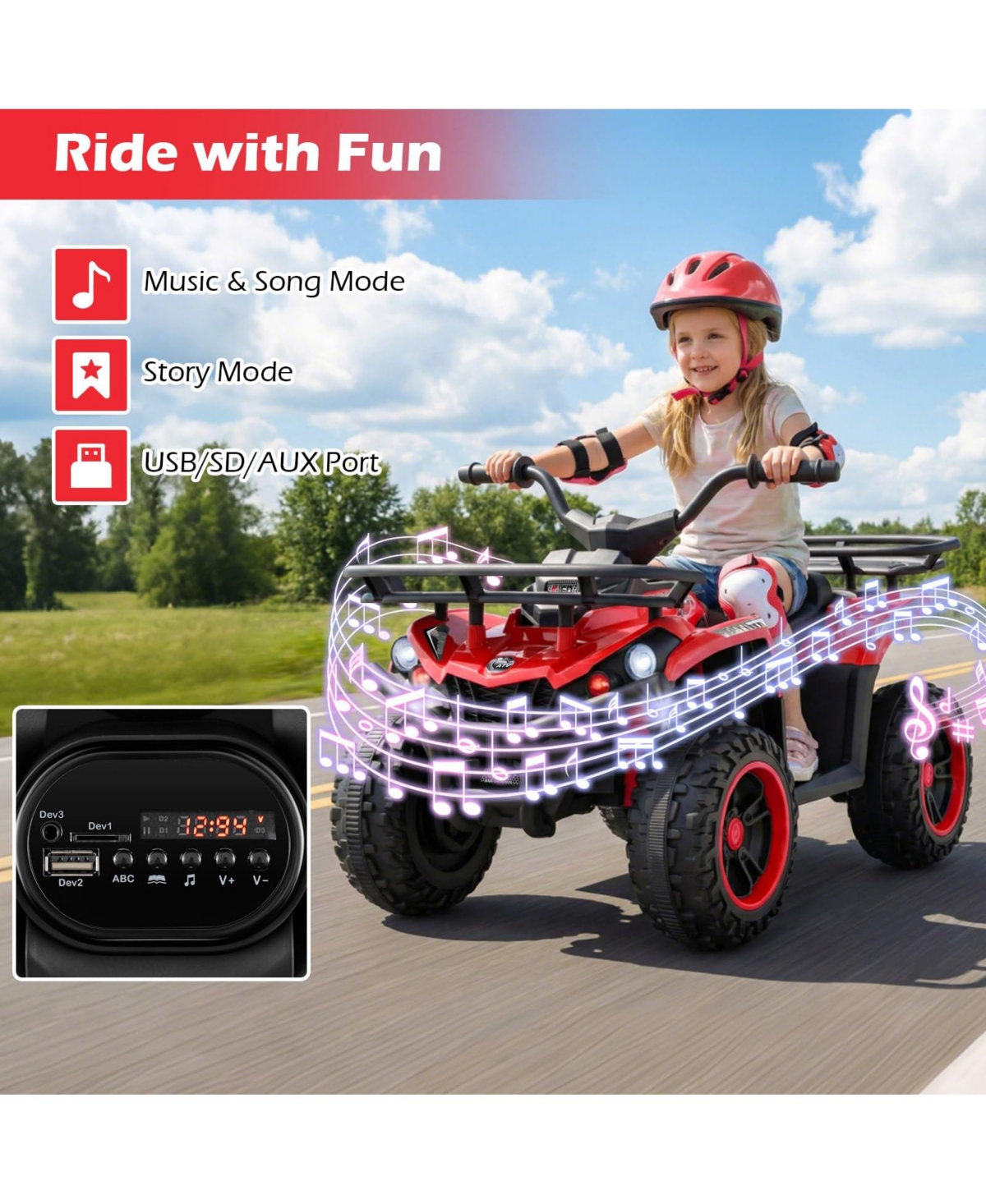 Mecale 24V Electric Ride On Quad with Led Headlights-Red