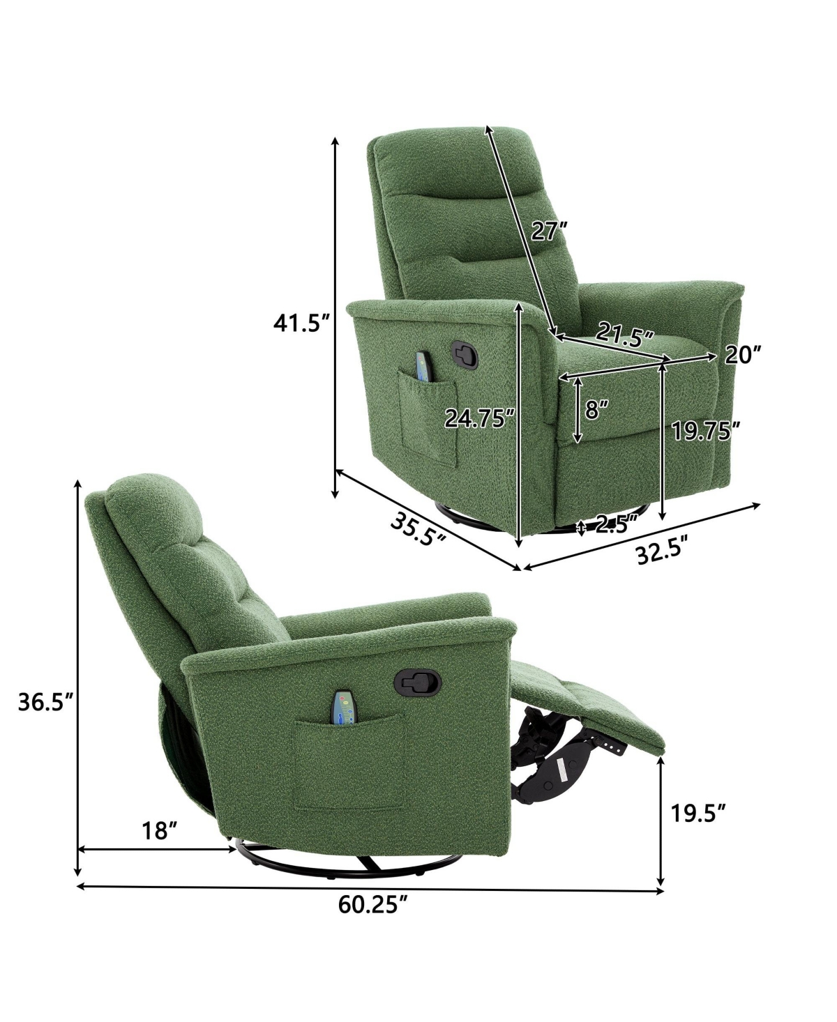 Clihome Modern Swivel Recliner Chair with 8-Point Massage 2-Speed Tilt & Side Pocket