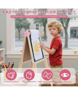 3 in 1 Kids Art Easel Set, Dual-Sided Art Station w/Whiteboard & Chalkboard